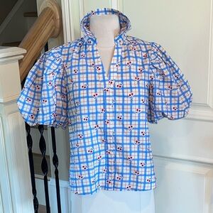 Avara Pinch Sommer Top Puff Short Sleeve Blue Red Cherry Print New